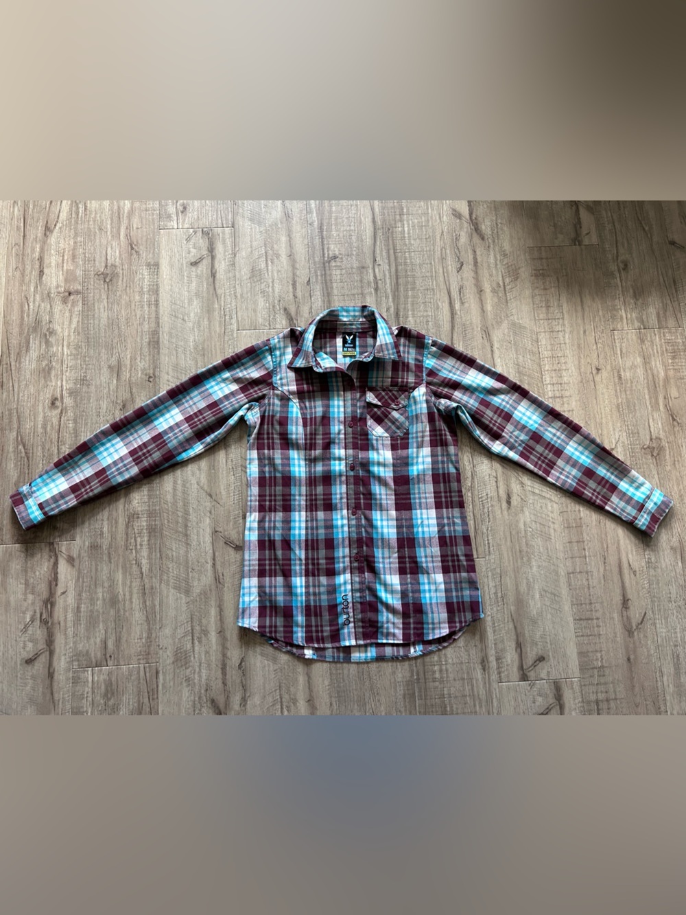 Burton Plaid Long-Sleeve Button-Up Shirt Burgundy Light Blue country cabin